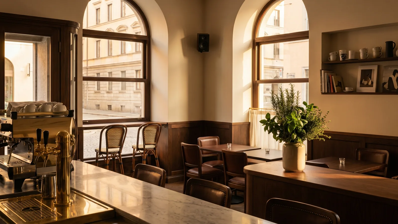 Caffetteria-bistrot italiana con atmosfera curata e musica diffusa coerente con l'esperienza del cliente