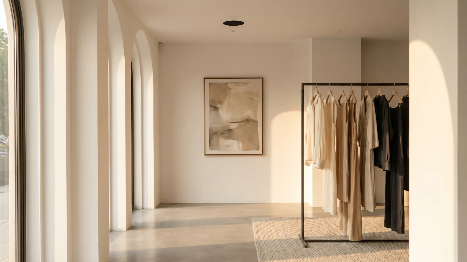 Boutique italiana premium con musica curata in sottofondo, atmosfera mediterranea, illuminazione calda