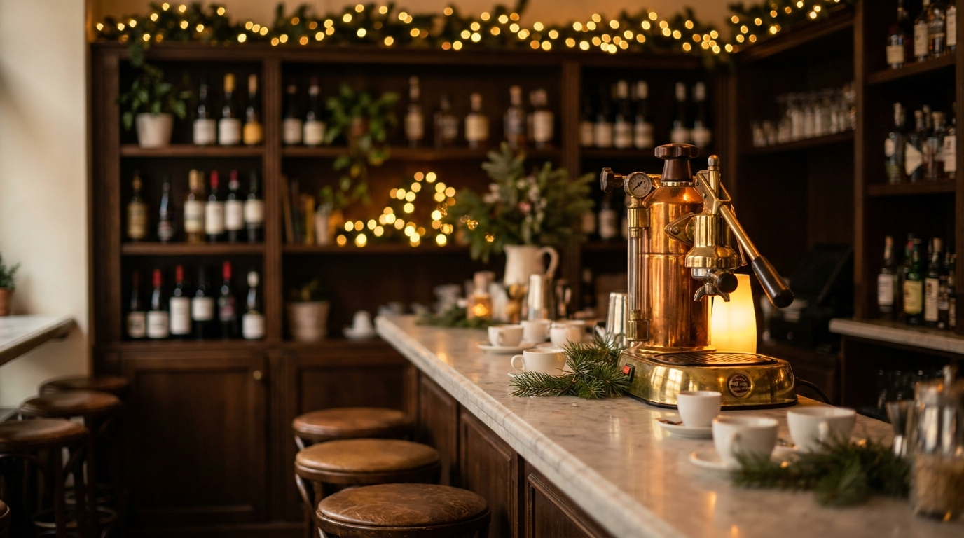 Café med varmt lys og julestemning