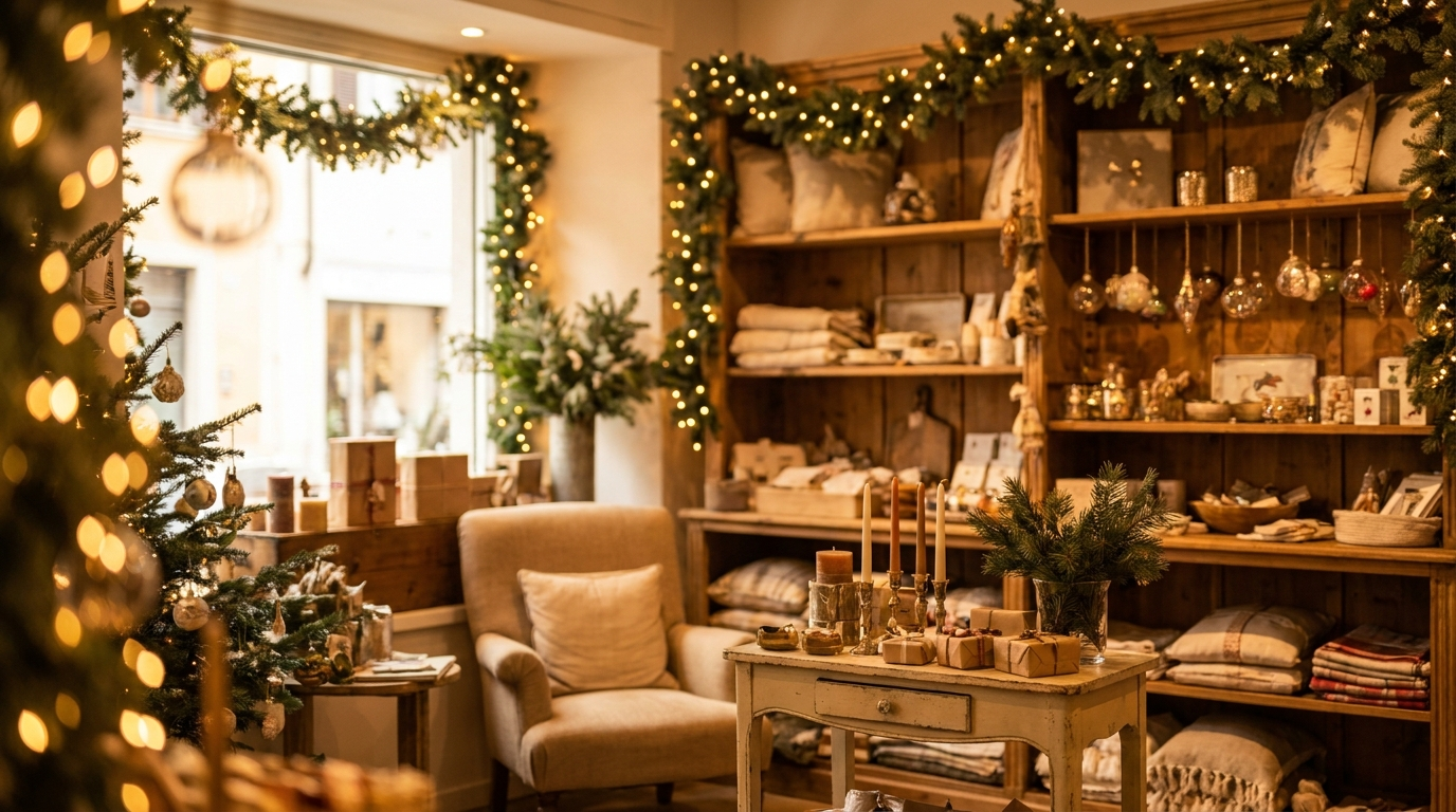 Butik med julepynt og varmt lys